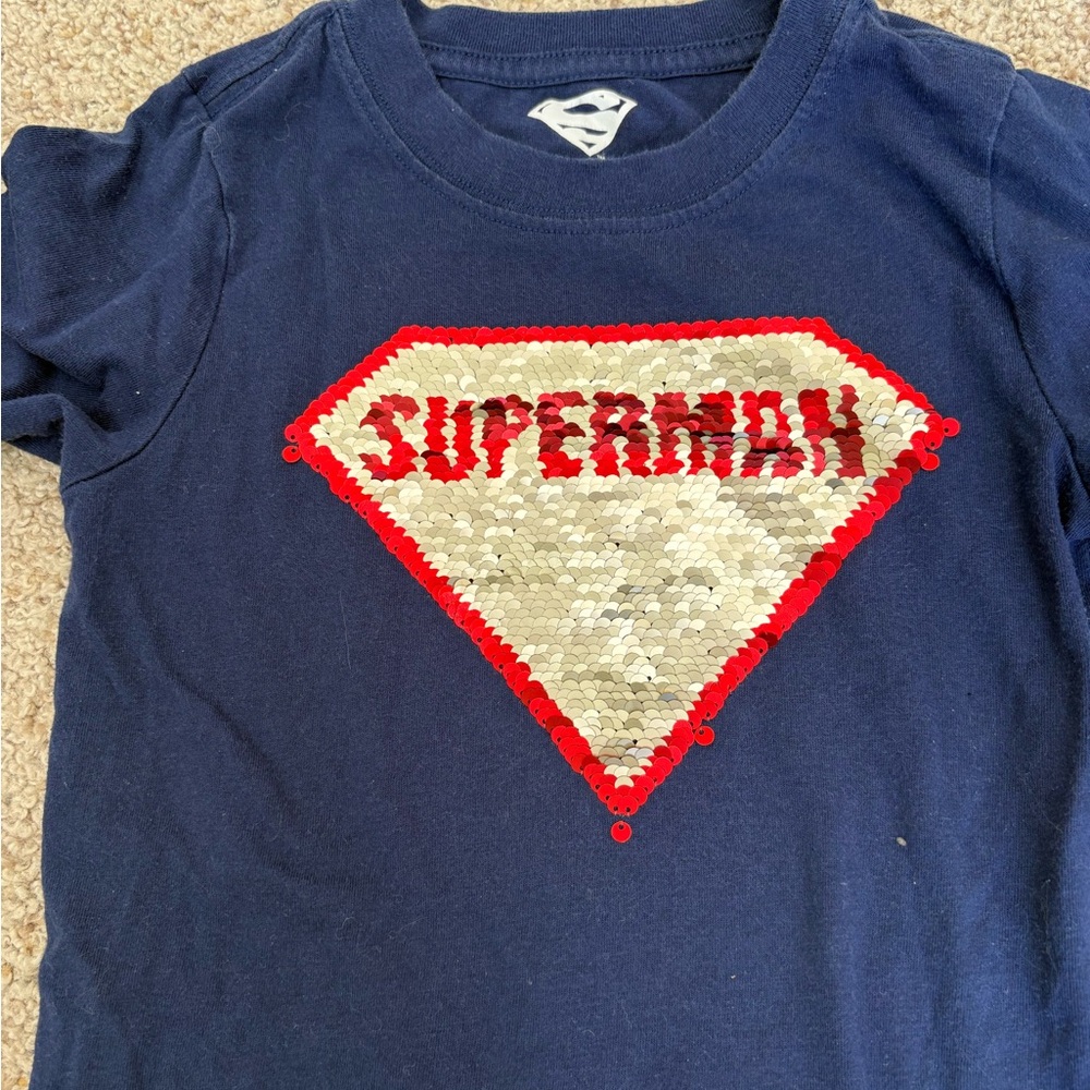 Superman Girls Size 6 Tee Shirt Navy Short Sleeve DC Comics  Sparkes - Picture 4 of 5